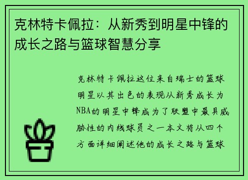 克林特卡佩拉：从新秀到明星中锋的成长之路与篮球智慧分享