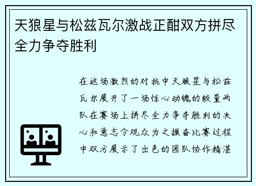天狼星与松兹瓦尔激战正酣双方拼尽全力争夺胜利