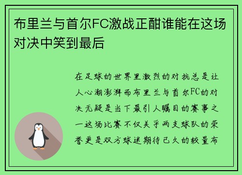 布里兰与首尔FC激战正酣谁能在这场对决中笑到最后