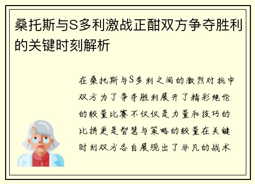 桑托斯与S多利激战正酣双方争夺胜利的关键时刻解析