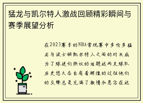 猛龙与凯尔特人激战回顾精彩瞬间与赛季展望分析