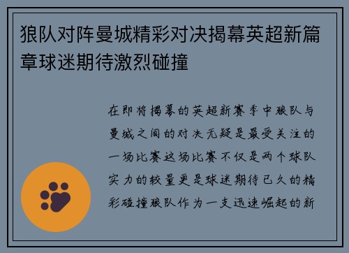 狼队对阵曼城精彩对决揭幕英超新篇章球迷期待激烈碰撞