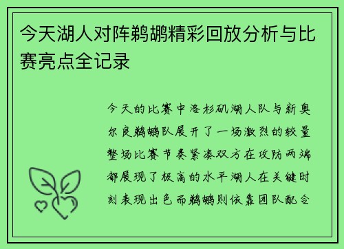 今天湖人对阵鹈鹕精彩回放分析与比赛亮点全记录
