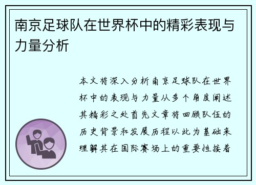 南京足球队在世界杯中的精彩表现与力量分析