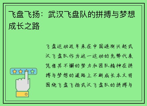 飞盘飞扬：武汉飞盘队的拼搏与梦想成长之路