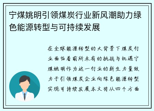 宁煤姚明引领煤炭行业新风潮助力绿色能源转型与可持续发展