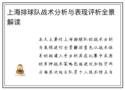 上海排球队战术分析与表现评析全景解读