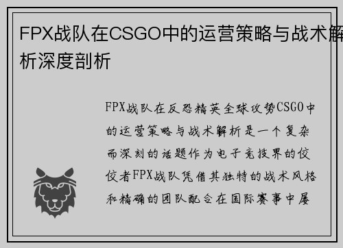FPX战队在CSGO中的运营策略与战术解析深度剖析
