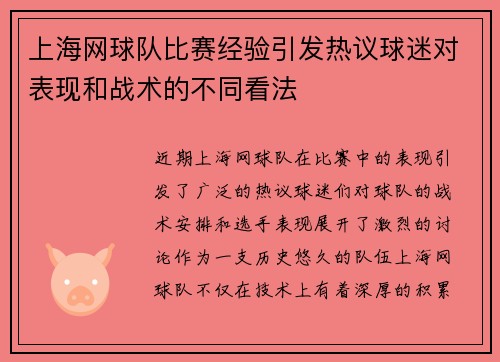 上海网球队比赛经验引发热议球迷对表现和战术的不同看法