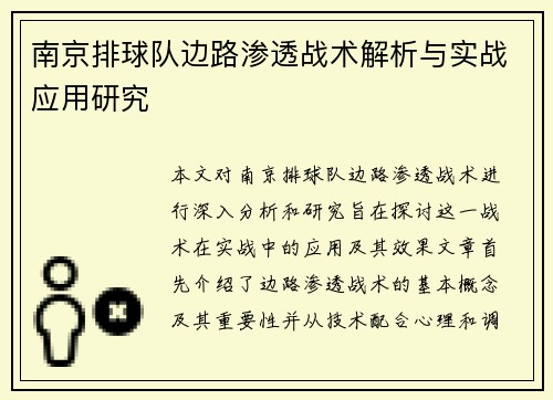 南京排球队边路渗透战术解析与实战应用研究