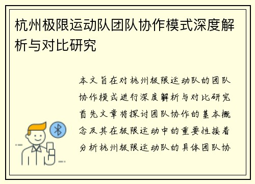 杭州极限运动队团队协作模式深度解析与对比研究