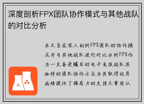 深度剖析FPX团队协作模式与其他战队的对比分析