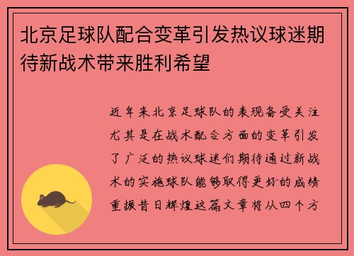 北京足球队配合变革引发热议球迷期待新战术带来胜利希望